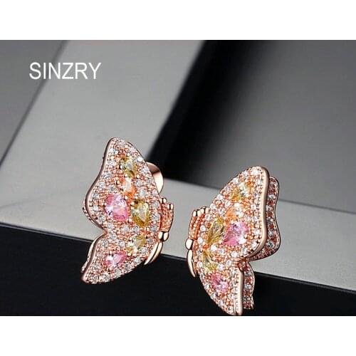 SINZRY rose gold color CZ butterfly Stud Earrings creative colorful sweety ear pins for women Brincos Bijoux