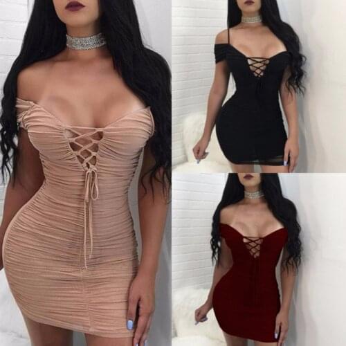 Evening Party Women Sexy Off Shoulder V Neck Hollow Lace Bodycon Solid Sexy Party Mini Dresses Bust Tie Bodycon Ruched Dress