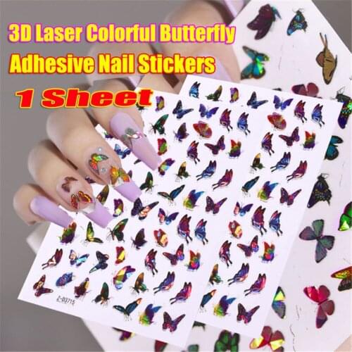 1Sheet Laser Color Butterfly Nail Art Stickers Holographic 3D Gradient Butterflies Adhesive Nail Decals DIY Manicure Decorations