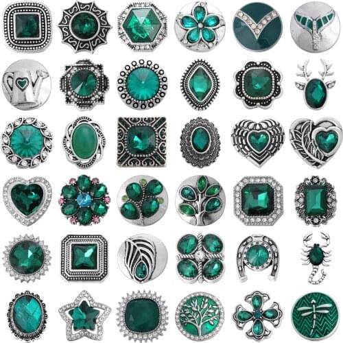 6pcs/lot New Green 18mm Snap Button Jewelry Rhinestone 18mm Metal Snap Buttons Fit 20mm 18mm Snap Button Bracelet
