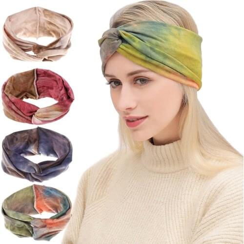 Bohemian New Elastic Sports Hair Band Womens Tie Dye Cross Wide Edge Headdress
