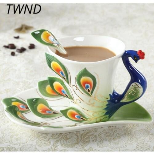 Enamel Peafowl Coffee Mugs Procelain Tea Cups with Saucer Spoon Sets Creative Drinkware