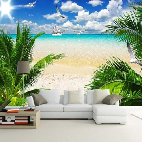 Custom 3D Beach Poster Photo Wallpaper Blue Sky White Clouds Coconut Tree Seascape Wall Painting Living Room Sofa Bedroom Mural