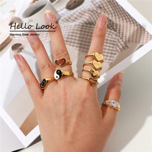 HelloLook Lettered Rings For Women 18K Gold Plated Stainless Steel Heart Shape Finger Rings Engraved Bitch Poppin Sexy Word Ring
