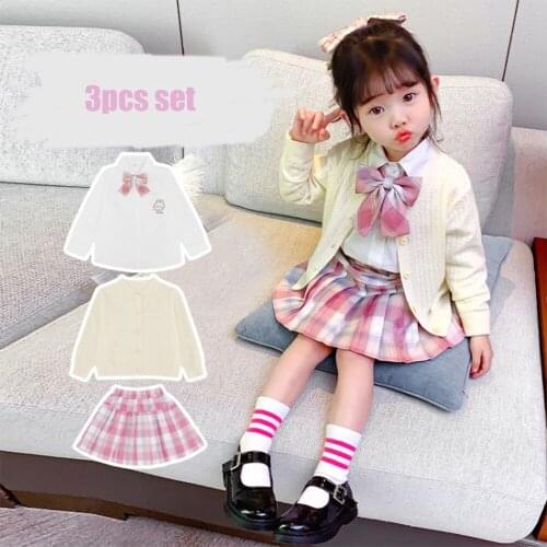 Childrens Clothing Sets Shirt+skirt+Cardigan with Bow 3PCS Plaid Pleated Skirt School Uniform fancy Baby Girls Sets Clothes