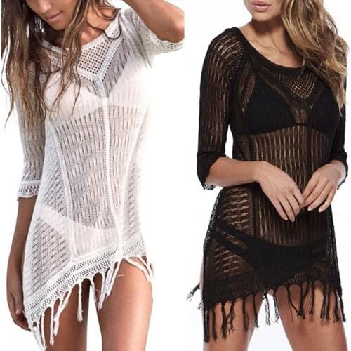Hot kf-Womens Beach Swimsuit Sleeve Cover Tops Bikini Cover Tops Mesh Split Cover Tops