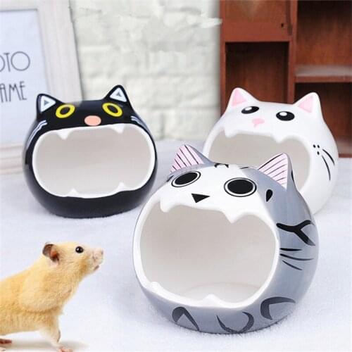 Cute Hamsters Ceramic Nest Hamsters Cave Pet House with Cat Head Pattern Design Suitable for Small Pet Chinchilla