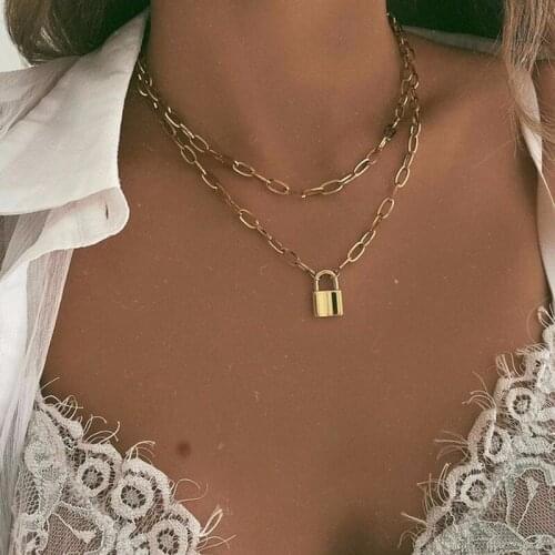 Fashion New Double Layer Lock Necklace Pendant Women Personality Gold Color Punk Clavicle Thick Chain Necklaces Jewelry