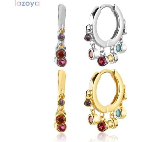 LOZOYA 925 Sterling Silver 9.5mm Six Color Fashion Fine Zircon Charm Piercing Ohrringe Drop Earring 2021 Pendiente Jewelry