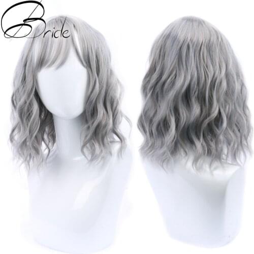 Bride Hair Short Bob Style Wavy Synthetic Wig with Neat Bangs Heat Resistant Bob Cosplay Party Wigs Free Shipping