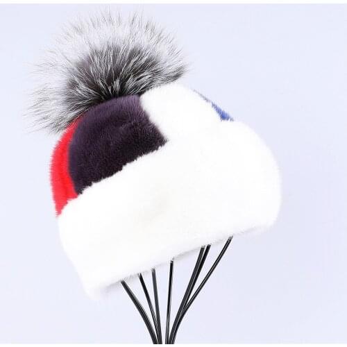 New Arrival Womens Soft Genuine Mink Beanie Hat Fashionable Lady Fox Fur Pom Poms Winter cap