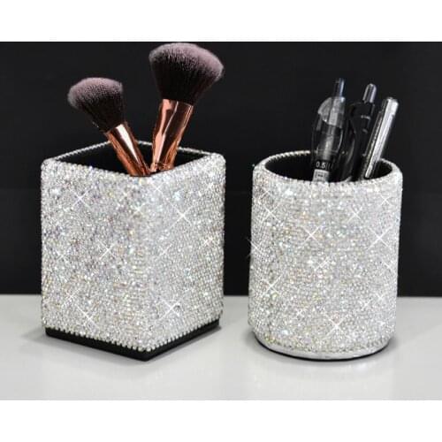 Handmade Rhinestone Makeup Organizer Bling Makeup Brush Lipstick Stationery Storage Bins Pen Holder Office Kitchen Storage Box