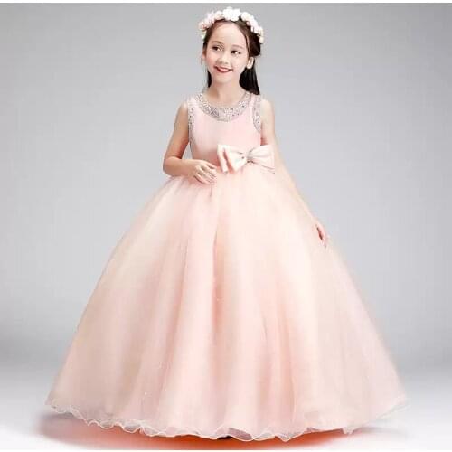 Flower Girl Dresses Illusion Sleeveless O-Neck Crystal Beading Sequined Princess Floor-Length Tulle Lace Kids Party Gown H513