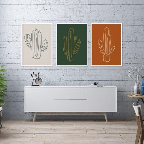 Cactu Posters Canvas Painting,Orange Green,Line Art,Cacti Contemporary Abstract,Plant Wall Pictures,Modern Minimalist Home Decor