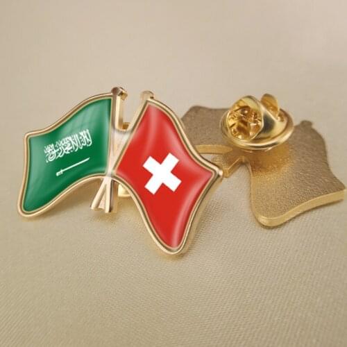 Saudi Arabia and Switzerland Crossed Double Friendship Flags Lapel Pins Brooch Badges