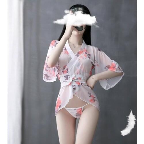 Sexy Japanese Kimono Cosplay See Through Lingerie Outfit Traditional Style Robe Temptation Costumes Pajamas Belt Set For Women