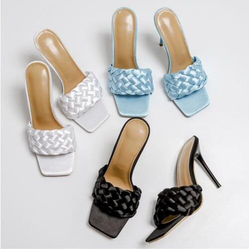 New Women Luxury Designer Slides Silk Satin Outside Slippers Summers 10cm High Heels Sandals Lady Hot Sales Blue Mules Shoes