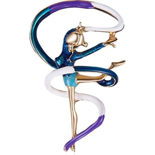 Sports Gymnastics Whirling Girls Ribbon Brooch Pin Clothes Accessories Gold-color Enamel Brooches Lady Women Jewelry Pins