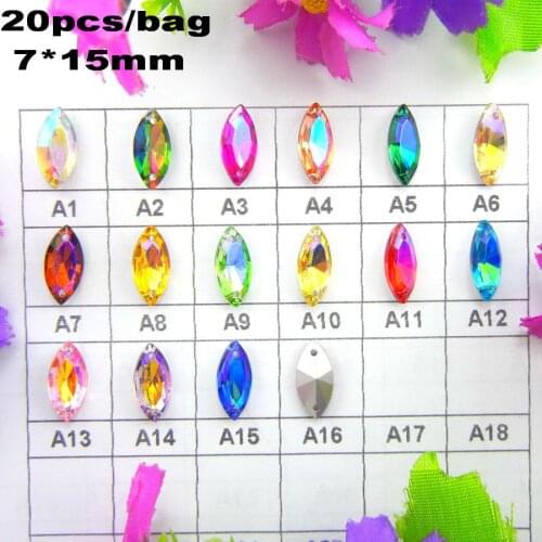 Glass AB colors Two holes 7*15mm 9*18mm 20pcs/bag Navette horse eye shape Sew on Crystals shoes wedding dress ornament diy trim