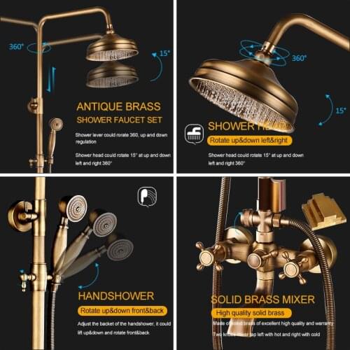 Vidric Vidric Antique Brass Shower Faucets Set Wall Mounted Dual Knobs Shower Mixer Tap Hot Cold Water Mixer Swivel Tub Bath Sho