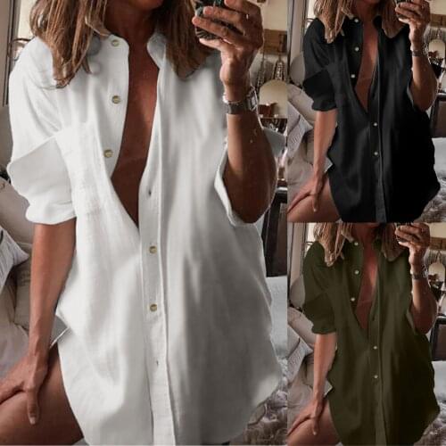 2021 Spring Autumn Women Shirts White Plain Loose Oversized Blouses Female Tops Loose BF Korean Style Blusas Pockets Casual Tops