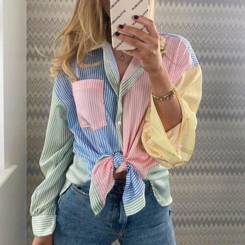 Patchwork Women Loose Colorful Button Shirts 2021 Summer Fashion Ladies Boho Boyfriend Shirt Vintage Girls Chic Tops