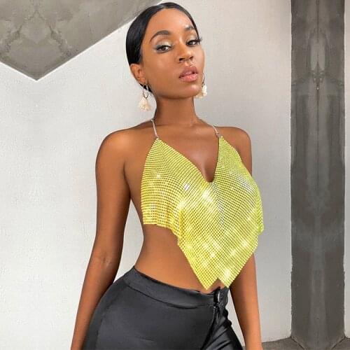 Sexy Backless Sequin Summer Crop Top Women Metal Chain Halter Neck Handmade Corset Tank Tops Vintage Beach Party Y2K Clothes