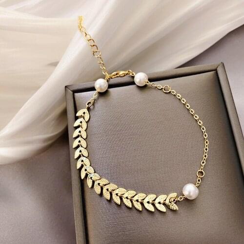Gold Color Wheat Ear Metal Bracelets Female Girls 2020 Fashion Minimalist Pearl Imitation pearls Bracelet Jewelry All Match