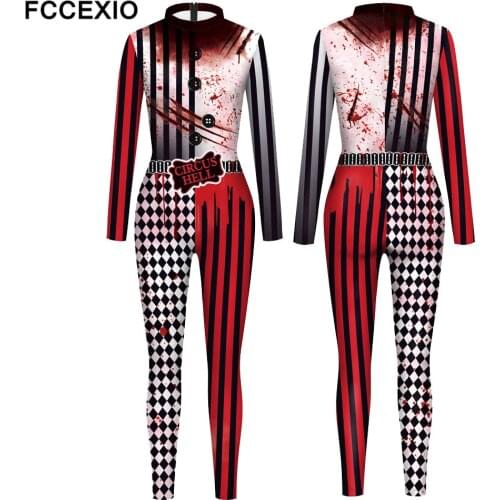 FCCEXIO Women/Men Circus Hell Printed Scary Jumpsuit Halloween Party Cosplay Costume Bodysuit Adults Fitness Onesie Outfits