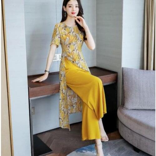 2020 Summer Chiffon Printed Two Piece Sets Women Short Sleeve Long Blouses And Wide Leg Pants Elegant Fashion Womens Sets AE498