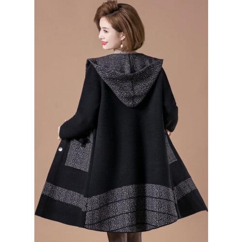 Womens Wool Blends Coat Winter 2021 Autumn Large Size Hooded Knitted Coat Elegant Mother Long Woolen Outerwear Female 5XL W2370