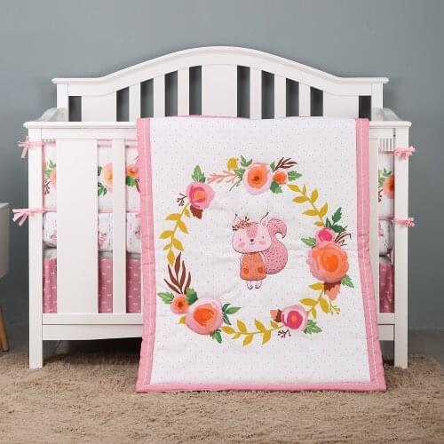4 pcs Crib Bedding Set for Baby Girls squirrel design hot sale-quilt, crib sheet, crib skirt and bumpers
