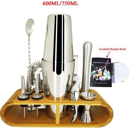 750ml/600ml Stainless Steel Bar Cocktail Shaker Set Barware Tools Shaker Sets with Wooden Rack