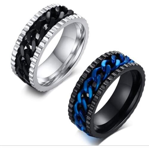 BC Fashion Mens Ring The Punk Rock Stainless Steel Black Blue Chain Spinner Rings For Men Two Color gift