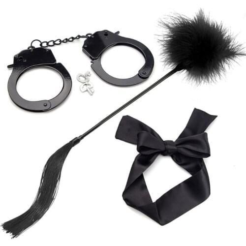 Safety Womens Mens Comfortable Bondage Romance BDSM Sexx Toys Kit Soft Satin Eye Mask Blindfold Plush Stick Handcuff Kit