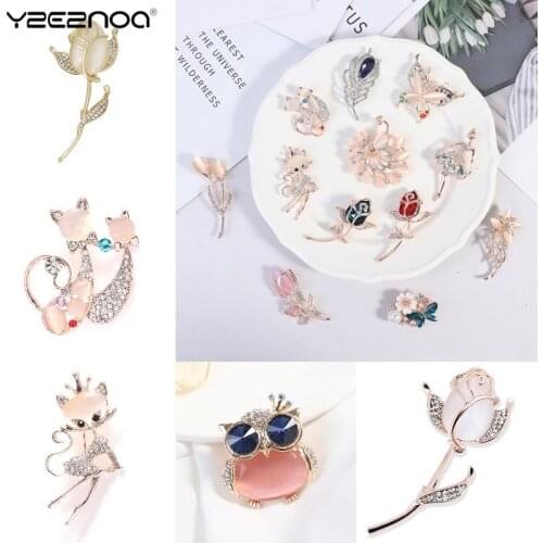 Brooches Opal Stone Rhinestone Brooch Rose Flower Bouquet Cat Owl Animal Brooch Pin Bridal Wedding Jewelry Gift For Women