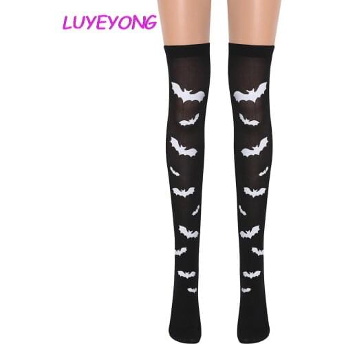 Black Goth Cool Tube Knee Props Nylon Elastic Long Lolita Socks Cosplay Streetwear Women Gothic Bat Print Thin Stockings 2021