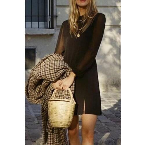 ElfStyle 2020 New Women Black Short Mini Dress With Long Sleeve & Round Neck