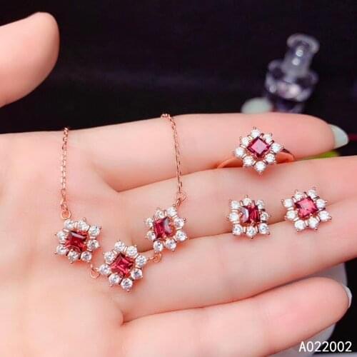 KJJEAXCMY Fine Jewelry 925 sterling silver inlaid natural garnet female ring pendant earring set popular supports test