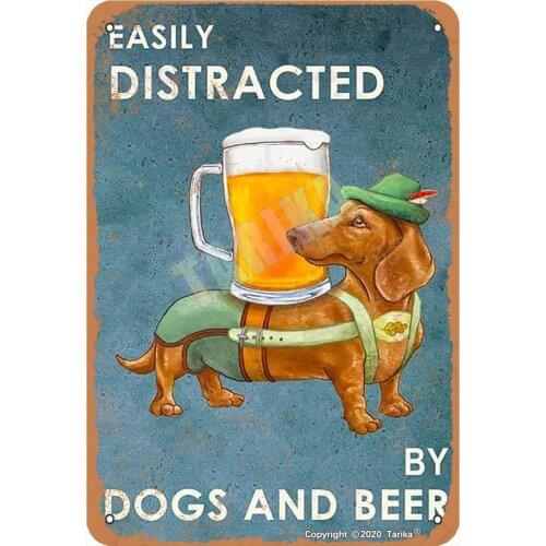 Easily Distracted by Dogs and Beer Dachshund Metal Retro Look 20X30 cm Decoration Poster Sign for Home Kitchen Bathroom Farm