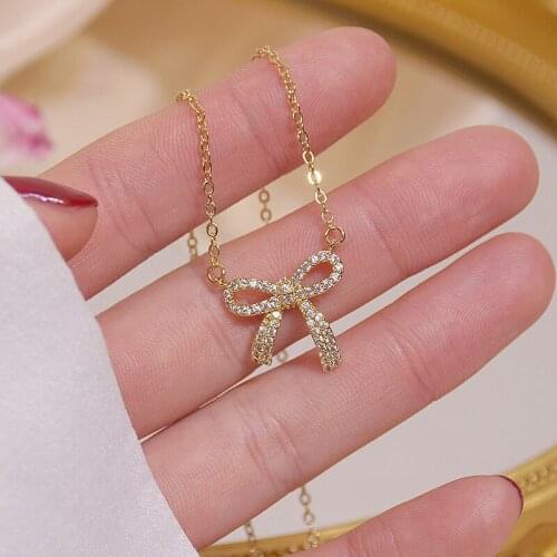 Ins Hot Sale Delicate AAA Zircon Knot Necklaces for Women Clavicle Chain Charm Wedding Pendant 14K Gold Plated Jewelry