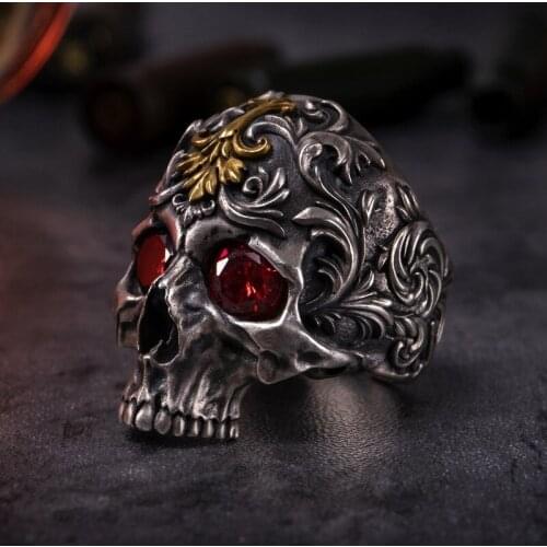 Mens New Retro Gothic Red Zircon Eye Skull Punk Ring Cool Rock Party Locomotive Ring Jewelry Accessories