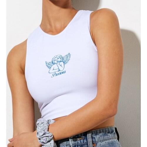 2021 New Women Fashion Sleeveless Angel Embroidery Tops Ladies Female Stylish Tops for Daily Wear