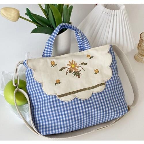 New Ladies Fresh Plaid Canvas Bag Female Shopping Messenger Bag Sweet College Style Shoulder Bag Embroidered Women Handbag