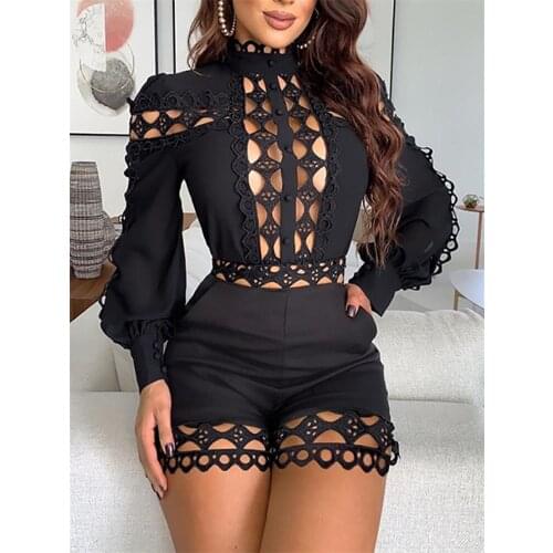 Sexy Hollow Out Playsuits for Women Summer Long Sleeve Skinny Nightclub Overall Fashion Woman Clothing Bodysuits
