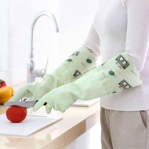 Durable Rubber Dish Washing Gloves Household Waterproof Plus Velvet Long Sleeve Cleaning Gloves Kitchen Anti-oil Plastic Gloves