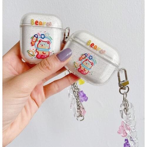 Cute Colorful Bear Glitter Soft Cases with Chain For Apple AirPods 1 2 Pro Bluetooth Headphones Charging Box Shockproof Cover