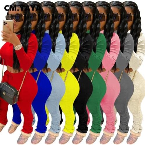 CM.YAYA Street Sweatsuit Womens Set Long Sleeve Crop Top Stacked Ruched Pants Set Active Tracksuit Two Piece Fitness Outfit Set