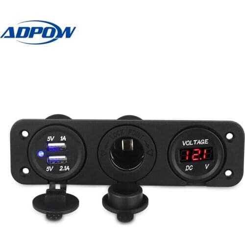 ADPOW 3 Port Motorcycle Motorbike Car Charger LED Digital Voltmeter Socket Splitter Cigarette Lighter Dual USB Plug Adapter