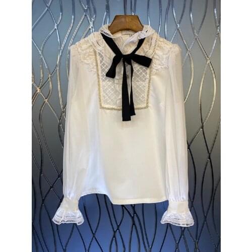 High Quality Designer Blouses 2021 Autumn Elegant Tops Women Ruffled Collar Lace Patchwork Flare Sleeve Elegant White Shirt